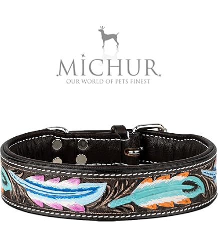 MICHUR Alonzo Leder-Hundehalsband – Schwarz Mit Blauen Steinen & Nieten | Handgefertigt, Größen 32–75 Cm