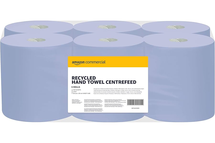 AmazonCommercial Toallas Papel Secamanos, 2 Capas Rollo Centrefeed Reciclado, 6 Rollos (1 paquete), 450 Hojas por Rollo, Tama