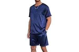 Ekouaer Schlafanzug Herren Kurz Pyjama Set Satin Nachtwäsche Pyjamahose Sommer Hausanzug， S-XXL