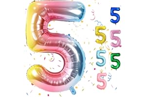 FUNHOT Rainbow Number 5 Balloons, 5th Birthday Balloon, 40inch Gradient 5 Balloon Numbers, Large Self Inflating Foil Balloon, 5th Birthday Decorations for Kids Birthday Party, 5 Anniversary Decorations