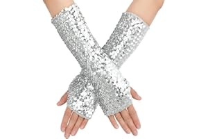 Yolev Guantes de Lentejuelas Guantes sin Dedos Mujer Guantes de Borla Rojo Guantes de Baile Guantes Largos con Brillo de Escamas de Pescado Carnaval Disfraz de Fiesta de Halloween