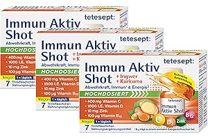 ‎TETESEPT tetesept Immun Aktiv Kurkuma-Ingwer Shot [21 Trinkfläschchen] Hochdosierter mit Vitamin D, C, B12 und Zink - Multi-Nährstoffkomplex für das Immunsystem