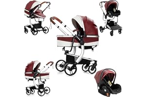 Veitoalioy PU-Leder Kinderwagen 3 in 1, Bequemer Multifunktionaler Kombikinderwagen 3 in 1 Komplettset, Aluminium Hohe Landschaft Babywagen, Faltbarer Kinderwagen Set (518 Red)