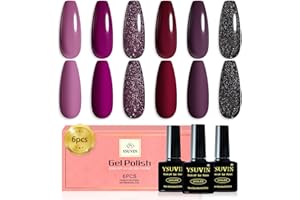 YSUVIN Esmalte Semipermanente, 6 Colores Vino Rojo Morado Oscuro Glitter Negro Morado Kit Uñas Semipermanentes, Pintauñas Semipermanentes Soak Off UV/LED Gel Uñas Diy Manicura Nail Art Set, 8ml