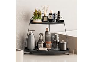 Puricon Corner Bathroom Counter Organizer, 2-Tier Wood Countertop Bathroom Sink Corner Shelf, Vanity Corner Counter Rack for Bathroom Dresser Kitchen -Black