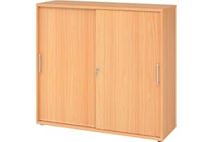 ‎BÜMÖ bümö Schiebetürenschrank 3OH - Aktenschrank abschließbar, Sideboard Schrank mit Schiebetüren in Buche - Büroschrank aus Holz mit Schiebetür, Büro Kommode für Ordner & Co.
