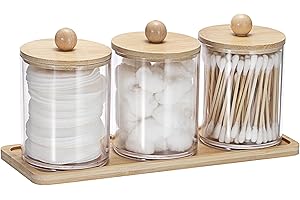 SUMTree 3 PCS Qtip Cotton Ball Holders Acrylic Qtip Dispenser with Bamboo Lid and Tray, Floss Swab Dispenser, Bathroom Storage Jar Canister, Plastic Apothecary Jar for Kitchen Bathroom Dressing Table