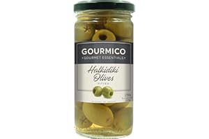 GOURMICO Halkidiki Green Pitted Olives, An Ideal Condiment for Salads, Pizza & Pasta or Partnered with Martini's and Other Cocktail Drinks. Suitable for Vegetarians, 230g Glass Jar