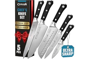 Cutluxe Zestaw noży szefa kuchni 5-częściowy – profesjonalny zestaw noży kuchennych – ostre noże z niemieckiej stali, pełny trzon, ergonomiczne uchwyty – seria Artisan