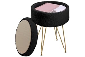 ABHENG Rotondo Pouf Contenitore, Sgabello da trucco in pelliccia di teddy artificiale con spazio di archiviazione, Pouf sgabello da divano, 4 Gambe in Metallo, 32x32x44 cm, Nero Inchiostro, ASND51B