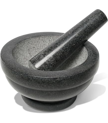 Mortaio In Granito 14 Cm Con Pestello - Alta Qualità, Robusto E Pesante (3,5 Kg), Ideale Per Spezie, Erbe, Aglio E Noci, Design Parzialmente Lucidato