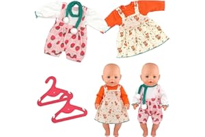 Idota 2 piezas de ropa para muñecas, ropa de muñeca linda incluye mono de fresa con bufanda + vestido de tirantes de zorro + percha ropa para muñecas de 35-45 cm (muñecas no incluidas)