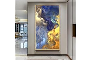 JIANGHU ART Moderne Kunst Abstrakte Goldene und Blaue Wolke Nebel Nordic Wandkunst Leinwand Poster und Drucke Bild für Wohnzimmer Dekor 80x160cm (32x63in) Mit Rahmen