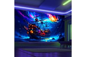 Arsey Arazzo da parete con nave pirata, luce nera, UV, reattivo, mare, paesaggio, hippie, barca a vela, decorazione da parete per camera da letto, feste, extra grande, 300 x 180 cm