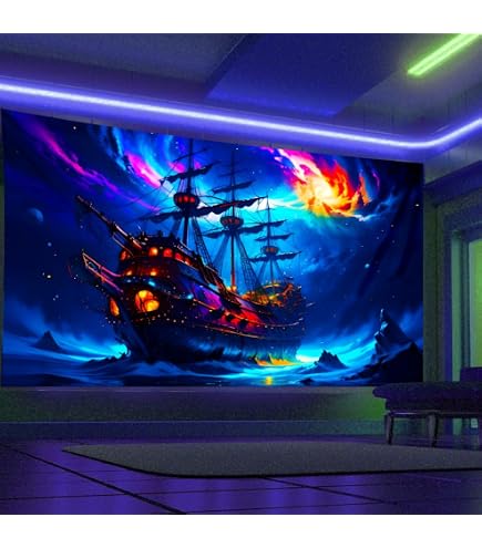 Simpkeely - Tapisserie Cascade Lumière Noire - 130 X 150 Cm - Réactive Aux UV - Forêt Néon Phosphorescente - Pour Chambre, Salon - 9