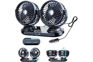 xuenair Car Oscillating Car Fan 12 V/24 V - Portable Rotating Cigarette Lighter Fan with 3 Speeds for Car for Truck RV SUV Saloon Van Boat (DC 12 V/24 V with 2 USB Ports)
