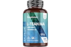 WEIGHTWORLD L Teanina 408mg, 180 Capsule Vegane, 1 al Giorno (6 Mesi di Scorta), L-Teanina Estratta dalla Camellia Sinensis con Pepe Nero e Vitamina B6, Aminoacido L Theanine da Tè Verde, Senza Magnesio Stearato