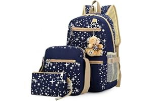 BANSUSU Star Print Girls Deep Blue Backpacks for School, School Bags for Teenage Girls Primary Secondary School, with Crossbody Bag, 3 Pieces