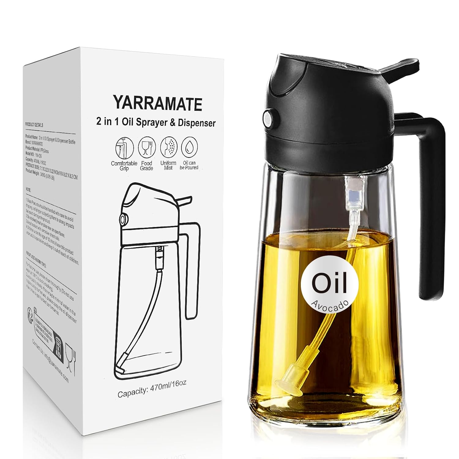 YARRAMATE Pulverizador de Aceite para Cocinar, Botella Dispensadora de Aceite de Oliva 2 en 1 para Cocina, Botella de Aceite de Vidrio de 16 oz/470 ml para Freidora de Aire, Barbacoa (Negro Obsidiana)