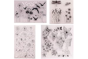 ‎FOLANVOFF Silikonstempel Blumen und Blätter Set 4 Stück Clear Stamps Vögel,Löwenzahn,Libelle,Schmetterling,Clear Stamp Set für DIY Bullet Journal Scrapbooking Fotoalbum Geburtstag Stempelset
