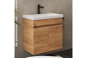 ‎PLANETMÖBEL Planetmöbel Waschbecken mit Unterschrank, inkl. Keramikwaschbecken, modernes Badmöbel Set, 63 x 60 x 36,5 cm, Gold Eiche