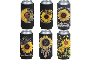 Jeiento 6Pack Beer Can Sleeves Neoprene Bottle Insulator Sleeve Collapsible Drink for 12-16 Ounce Energy Drink Beverage Beer Can Sunflower Deisgn