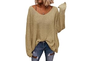 Saodimallsu Damski sweter z dekoltem w serek luźny krój bluza z dzianiny swetry z długim rękawem koszule oversize topy