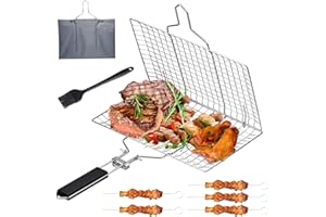 FOGARI Kratka do grillowania ryb, zdejmowany uchwyt, kosz grillowy, składany i przenośny, do warzyw rybnych i krewetek, kratka grillowa ze szczotką silikonową i workiem do przechowywania