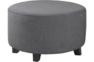 GAMUKAI Stretch Jacquard Ottoman Slipcovers Round Stool Covers Removable Footstool Covers Storage Ottoman Protector for Living Room (Grey, X-Large)