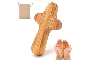 SMCEHEYA Wooden Cross 10cm Handmade Orthodox Cross Handcrafted Olive Wood Crucifix with Linen Sack Comfortably Holding Cross Christian Gifts Ideal Christian Prayer Cross for Men & Women