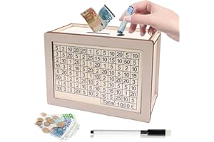 BYTLXM Tirelire en Bois, Tirelire Réutilisable avec Stylo Effaçable, Tirelire avec Objectif D'épargne et Chiffres à Cocher, Boîte Rangement Tirelire Rétro pour Aider Les Enfants à Commencer à Economiser