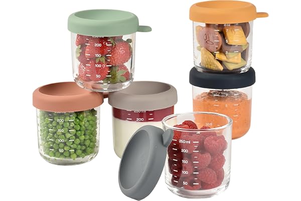 Béaba, Coffret 6 Portions Verre Conservation Repas Bébé/Verre Extra Résistant, 100% Hermétique, Congélation, Stérilisation, Graduation, 250 ml, Sunrise