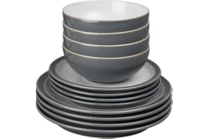 Denby - Elements Fossil Grey Dinner Set For 4 - 12 Piece Ceramic Tableware Set - Dishwasher Microwave Safe Crockery Set - 4 x Dinner Plates, 4 x Medium Plates, 4 x Cereal Bowls