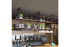 KEPMOGOH Portabottiglie da Soffitto - Mensola da Soffitto Porta Bicchiere da vino Sospeso, Portabottiglie da Appendere Industriale 2 strati per Cucina Bar Caffetteria (120×30×80cm, Black)