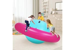 GYMAX 88'' Inflatable Dome Rocker Bouncer, Giant Inflatable Rocking Planet with 6 Handles, Indoor Outdoor Large Blow Up Rocking Ball for 5 Years Old+ Boys Girls, Max Weight 113kg (Pink+Green)