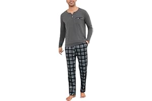 Bresdk Conjunto de Pijama Largo de Algodón con 2 Botones para Hombre, Ropa de Dormir de Dos Piezas