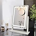 BEWITU Vanity Mirror with Lights, Hollywood Lighted Makeup Mirror, 3 Colors Dimmable Light with Detachable 10X Magnification mirror (White)