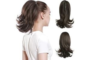 CJL HAIR Dark Brown Claw Clip Ponytail Extension Drawstring Short Wavy Curly Pony tails Synthetic Fake Instant Shake and Go Hairpieces Hair Pieces for Women Girls Kids
