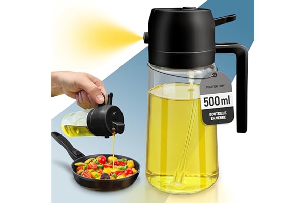 PORTENTUM 500 ml Spray huile cuisine 2 en 1 foncé anti-lumière de cuisson - Vaporisateur huile avec flacon de qualité alimentaire - Pulvérisateur d'huile en verre pour la cuisine (Noir)