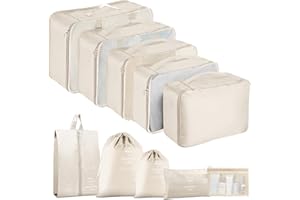 MOFELON Koffer Organizer Set, 10 Stück Packing Cubes, Kofferorganizer Packtaschen Set, Travel Packwürfel mit Kleidertaschen Schuhbeutel, Reise Gadgets-Beige