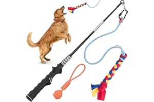 YES4QUALITY Flirt Pole for Dogs with Safe & Strong Nylon Rope - Heavy Duty Lure Stick for Dogs of Any Size - Dog Toy for Fun Obedience Training & Exercise - Braided Fleece Toy