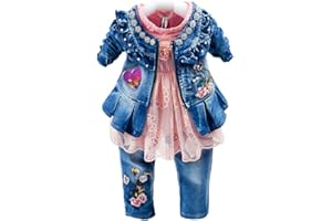 Peacolate Spring Autumn Baby Girls Clothing Set 3pcs Long Sleeve T-Shirt Denim Jacket and Jeans…