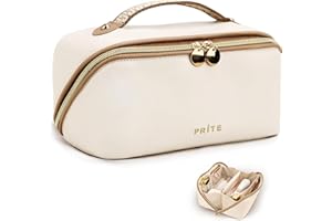 Prite Grande Capacité Trousse de Maquillage pour Femme Trousse de Toilette en Cuir PU Vanity Imperméable pour Voyage avec Séparateur Transparent et Poignée (Beige)