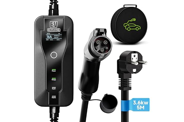 AFYEEV Chargeur Voiture Electrique, 3.6kW Cable Recharge Voiture Electrique Courant Commutable 8/10/13/16A, Ecran Numérique Contrôlable, EV Chargeur Type 1 avec Sac, 5M (SAE J1772)