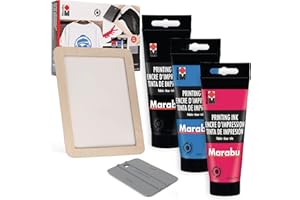 Marabu Kit per serigrafia, kit per serigrafia con cornice in legno riutilizzabile, 1 spatola per serigrafia e 3 inchiostri per serigrafia da 100 ml, kit per serigrafia per principianti