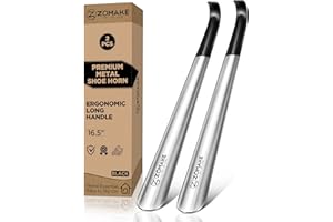 ZOMAKE Chausse Pied Long Metal 42cm, Grand Chausse-pied en Acier Inoxydable Shoe Horn ALa poignée avec une coque noire,Chaussé Pied Facile à Utiliser(2Pcs Argent)
