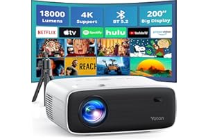 YOTON Y6 Bluetooth Projector 4K with Tripod, Projector Native 1080P 18000 Lumens, Bluetooth 5.2 Portable Home Video Movie Projector Compatible with iOS/Android/HDMI/USB/AV/SD Card, for Home Cinema