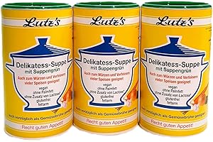LUTZ'S Delikatess-Suppe mit Suppengrün 3X(900g Dose) 45 Liter Gemüse Brühe als Universal-Würzmittel für alle Speisen- geeignet vegan **NEU OHNE PALMFETT** glutenfrei ohne Zusatz von Laktose fettarm