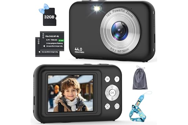 Appareil Photo Numérique 1080P 44MP avec Carte 32Go, 16X Zoom Digital, 2 Batteries Rechargeables - Pour Enfant, Adolescent, Adulte, Débutant (Noir)