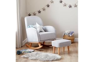 Babymore Freya Nursing Chair & Footstool Grey - Elegant Rocking Chair for Timeless Comfort With Sturdy Wooden Legs, Soft Fabric & Stylish Armrests, Contoured Backrest Enhances Support | Safety Tested